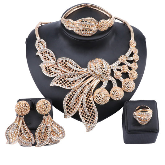 Gold Jewelry Nigerian Crystal Necklace Bangle Ring Earrings Bridal Accessories Jewelry Set