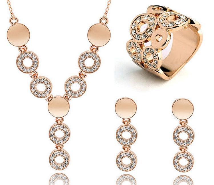 Wedding Jewelry Sets Circle Design Long Pendant Necklace Choker Finger Ring Austrian Crystal Dangle Earrings Set for Women