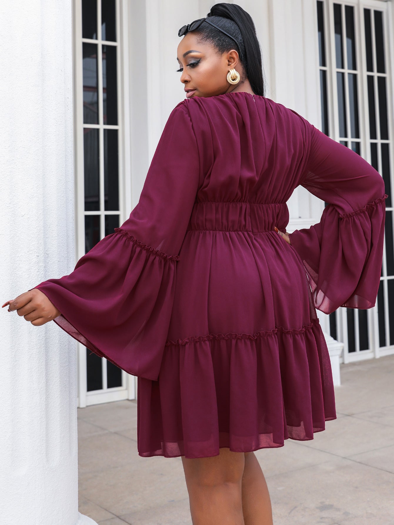 Plus Size Flare Sleeve Plunge Mini Dress