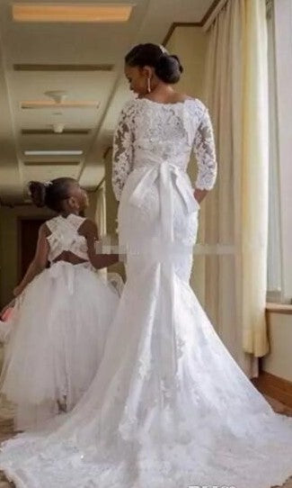 Long Sleeve Applique Lace Bridal Gowns Mermaid Wedding Dress