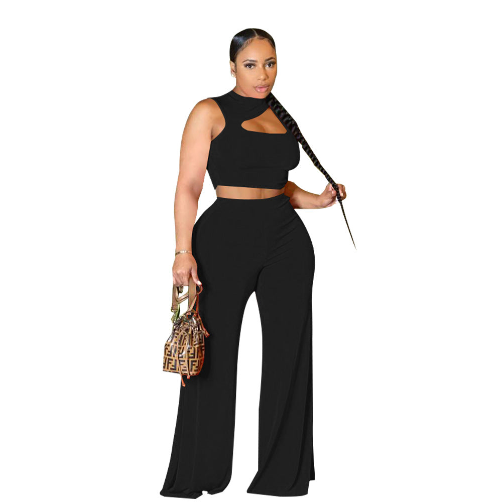 Two 2 Piece Set Outfit Summer Wide Leg Straight Pants Suit and