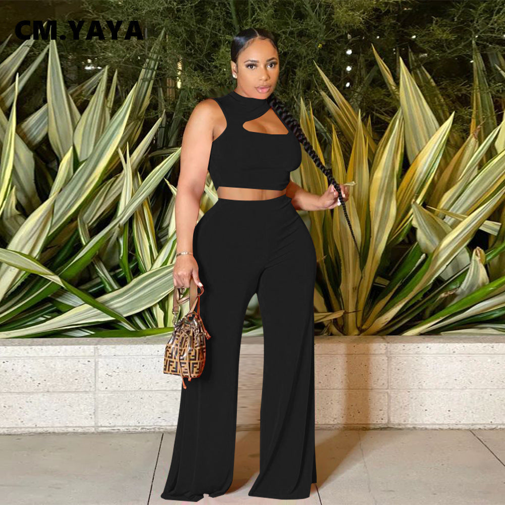 Two 2 Piece Set Outfit Summer Wide Leg Straight Pants Suit and