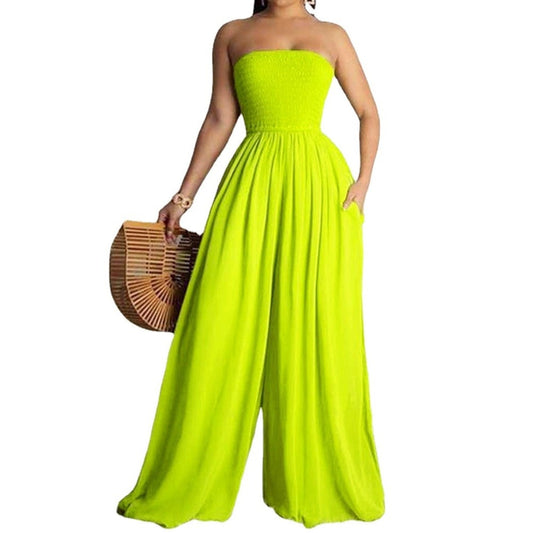 Summer Jumpsuit Plus Size Solid wrapped chest wide legs rompers with pockets M-5XL