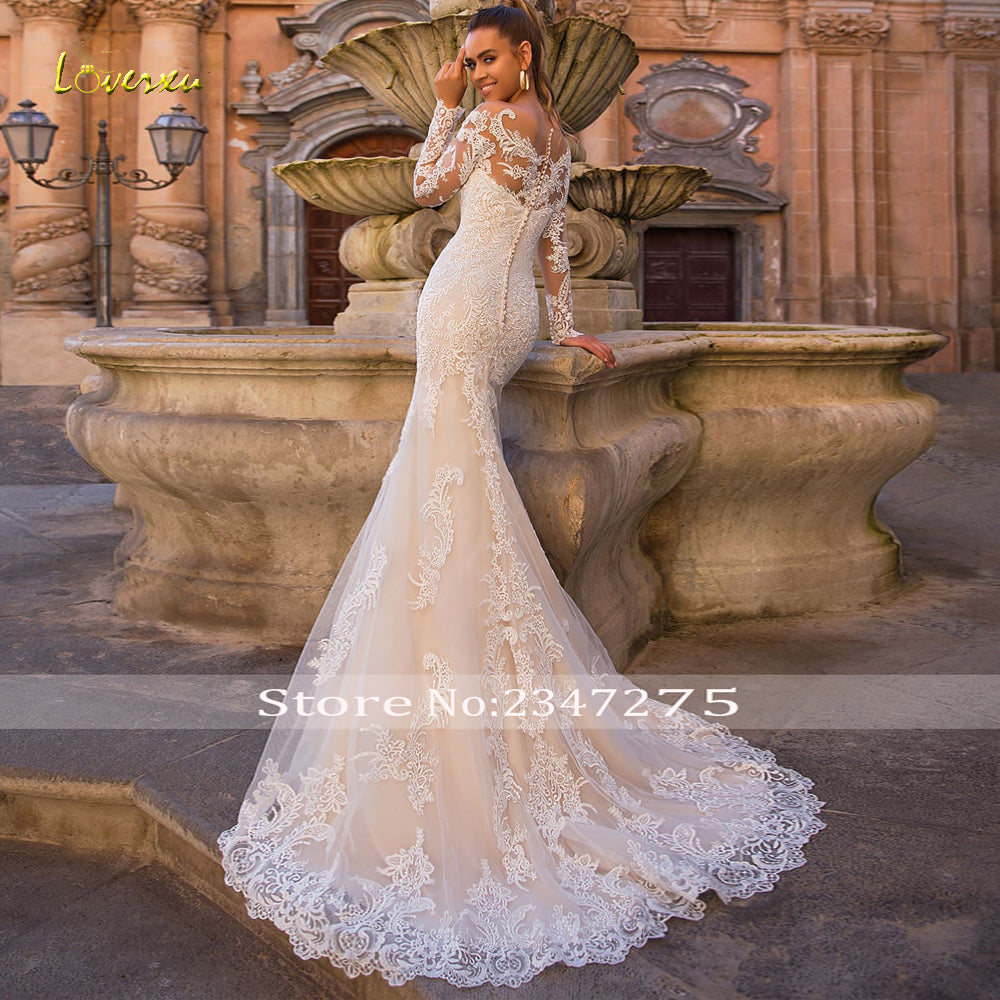 Long Sleeve Modern Lace Mermaid Wedding Dress with Long Train VW2117 –  Viniodress