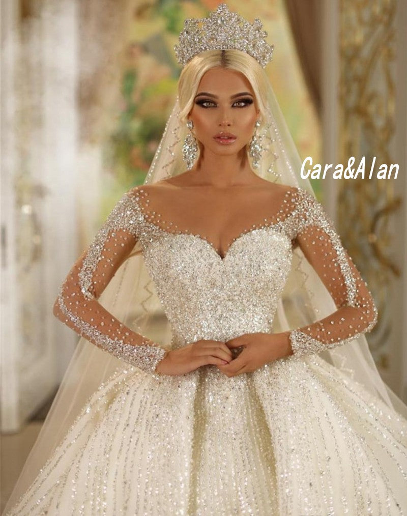 Lace Bridal Ball Gown Long Sleeves Beaded Arabic Wedding Dresses Luxury  Z2039