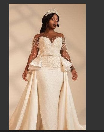 Mermaid Plus Size Wedding Dresses Overskirts Sheer Neck Long Sleeve Pearls beaded