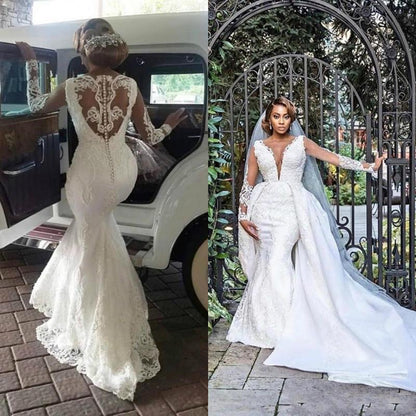 Plus Size Lace Mermaid Wedding Dresses 2023 Detachable Train Sheer Long  Sleeves Beaded Lace Appliqued Bridal Gown Custom