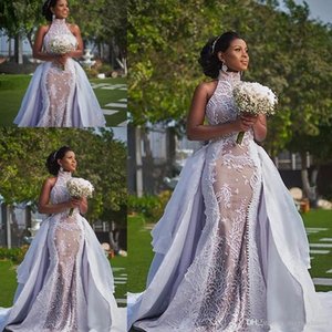 Plus Size Wedding Gown with Detachable Train High Neck Puffy Skirt