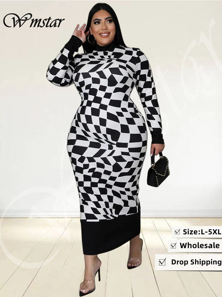 Plus Size Dresses for Women L-5xl Bodycon Stretch Long Sleeve Printed –  Iyla-jenae