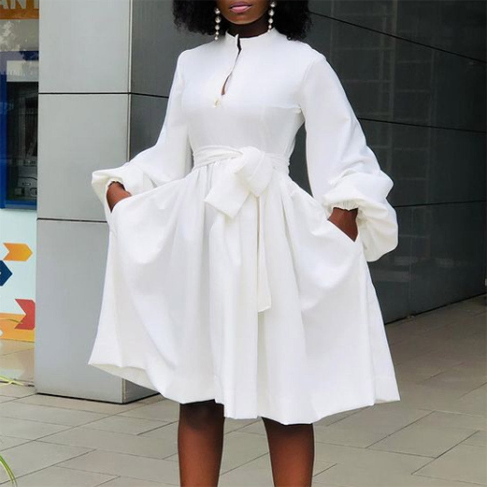 White Dress Women Elegant Mid-calf Long Sleeve Spring Casual Pocket Office Lady OL Clothes 2021 Work Wear Plus Size Dress Africa