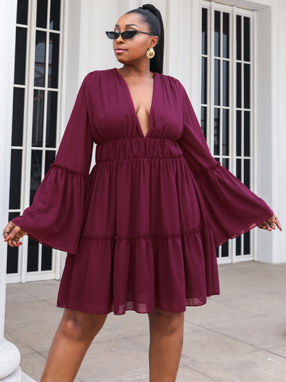 Plus Size Flare Sleeve Plunge Mini Dress