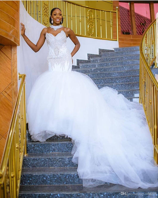 Stunning High Neck Wedding Dresses Crystal Beads Sequins Fluffy Train Mermaid Wedding Dress