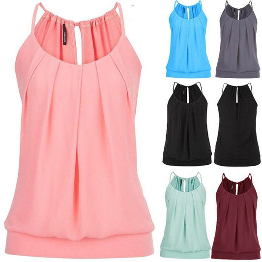 Casual Loose Wrinkled O Neck Ladies Shirts Tops Blouse Sleeveless