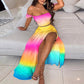 A Two Piece Dresses Set  Short Sleeve Off Shoulder Crop Top Summer Casual Split Long Dresses