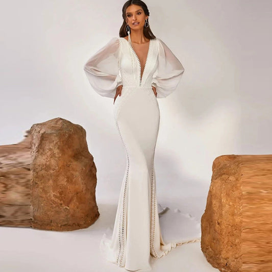 Simplistic Elegance - Deep V-Neck Mermaid Wedding Dress Long Chiffon Sleeves Wedding Gown With Train Backless Vestido De Noiva