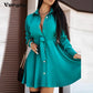 Women Vintage Front Button Sashes A-line Party Dress Long Sleeve Turn Down Collar Solid Elegant