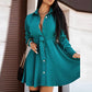 Women Vintage Front Button Sashes A-line Party Dress Long Sleeve Turn Down Collar Solid Elegant