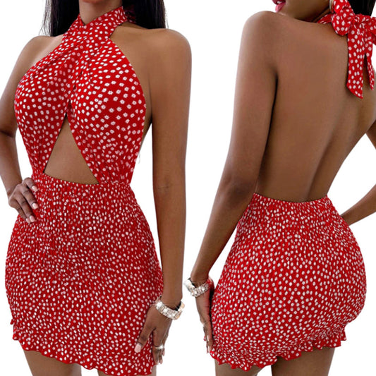 A Backless Dress  Printed Pattern Halter Neck Hollow Out