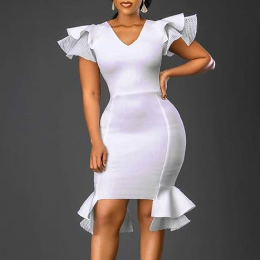 Two Piece Dress Women White Bodycon V Neck Ruffle Sleeve Plus Size XL